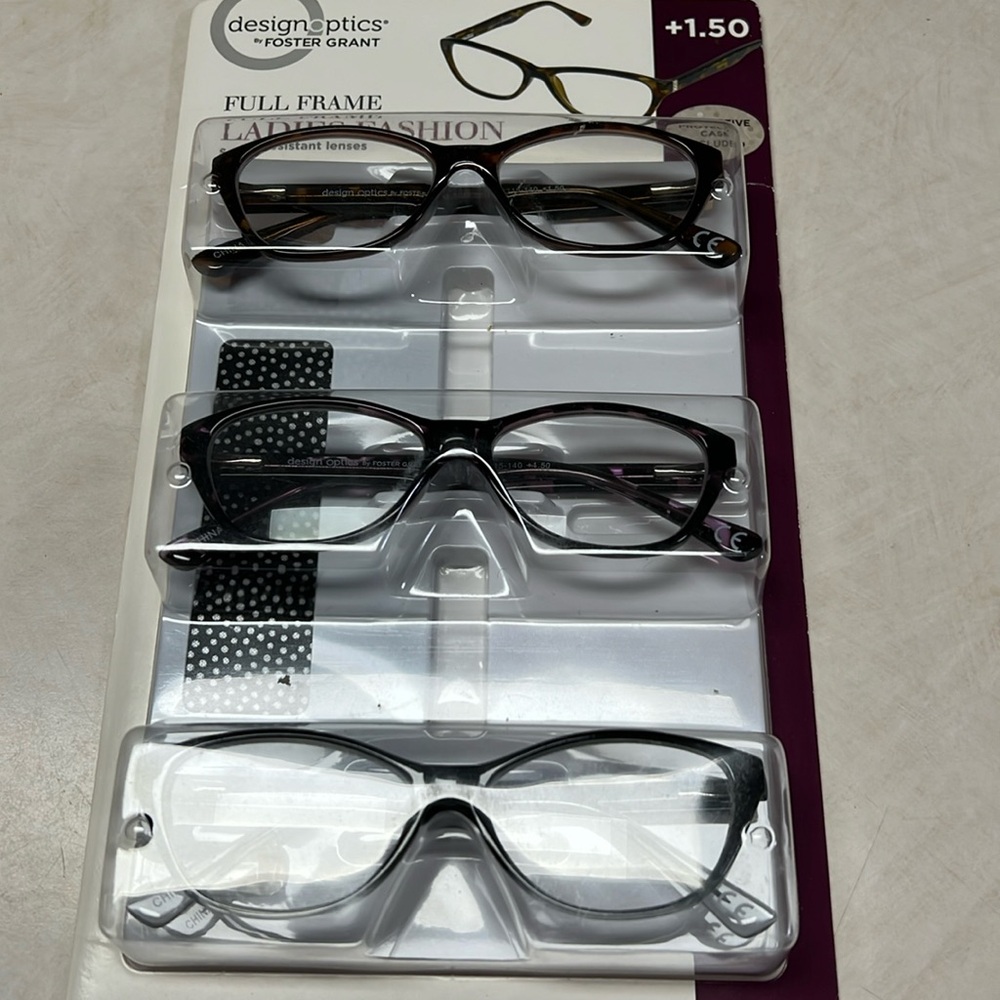 Design Optics by Foster Grant Ladies Frame 3 PK Reading Glasses + 1.50